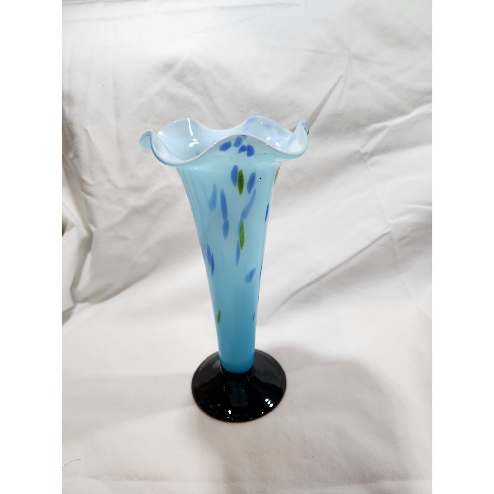 Japan~Vtg~Murrhina Spatter~Blue & Green Swirl~Cased Art Glass~Black Footed Vase